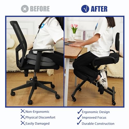Ergonomic Kneeling Chair with Back Support and Foot Pedals — Adjustable Posture Stool for Back Pain Relief, Rolling Kneeling Chair for Home & Office, Extra Comfort Cushion, Angled Design R&I Services
