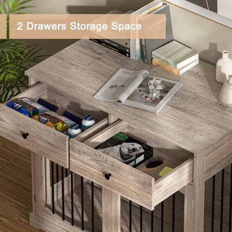 BREEZEHEAT 40 inch Dog Crate Furniture-Farmhouse Dog Kennel with Drawers-End Table Wooden Pet Crate, Double Door Design, Decorative Dog House Indoor for Small Medium Large Dog, Oak Grey BREEZEHEAT