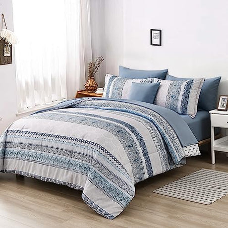 Cottolester Boho Comforter Set King Size Light Blue Comforter Set 8 Piece Bed in a Bag Striped Paisley Bedding Sets Cottolester