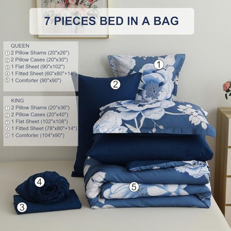 Luxudecor Floral Comforter Set Queen Size 7 Pieces Bed in a Bag,Flower Print on Blue Bedding Set,Soft Microfiber Bedding Set for All Season (Blue,90"x90") Luxudecor