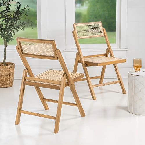 JONATHAN Y FLD1000A-SET2 Theo Mid-Century Vintage Wood Rattan Folding Chair with Adjustable Back Modern, Traditional, Bohemian, Classic, Scandinavian, Minimalist, Light Brown (Set of 2) JONATHAN Y