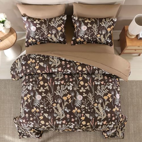 Yiran Brown Comforter Set King Size, 7 Piece Floral Comforter Bedding Set, Farmhouse Bed in a Bag, Soft Microfiber Complete Bedding Set with Sheets for All Season Yiran