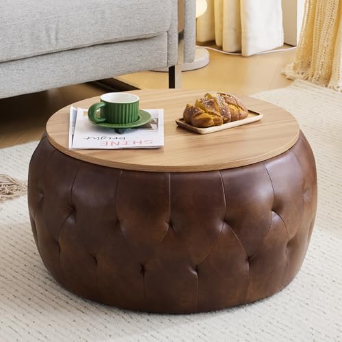 gusohey Round Storage Ottoman with Wooden Lid, Tufted PU Leather Circle Ottoman Footrest Stool Bench Coffee Table for Living Room,Brown