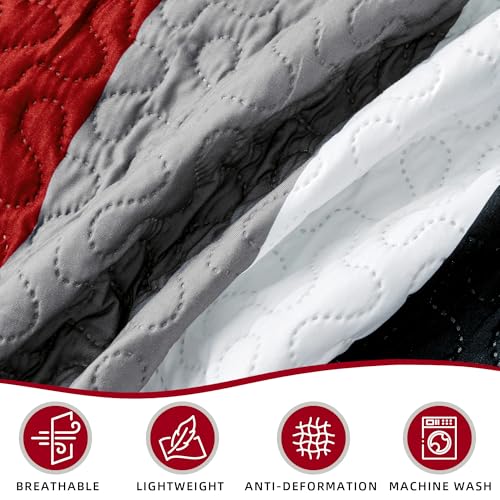 Tyrot 3 Piece Red Black Grey Quilt Set Full/Queen Size Christmas Red Geometric Reversible Bedding Set Microfiber Lightweight Bedspread Coverlet with 2 Shams Modern Bed Cover for All Season, 90''x96'' Tyrot