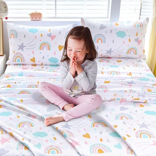 Homilay Full Sheet Set Kids - Rainbow 4 Pieces Soft Microfiber Cartoon Style Bedsheets for Boys Girls Teens, Oeko TEX, Breathable Deep Pocket Sheets(Rainbow) Homilay