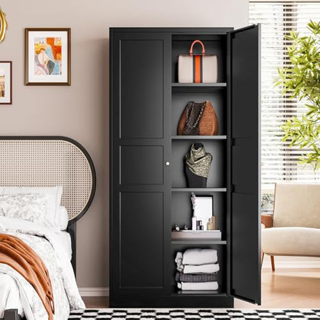 Letaya Black Storage Cabinet with Adjustable Shelves-Metal Home Kitchen Pantry Cabinets with Doors,Organization Locker for Cupboard/Bedroom/Dining/Living/Bathroom/Office/Garage Room Letaya