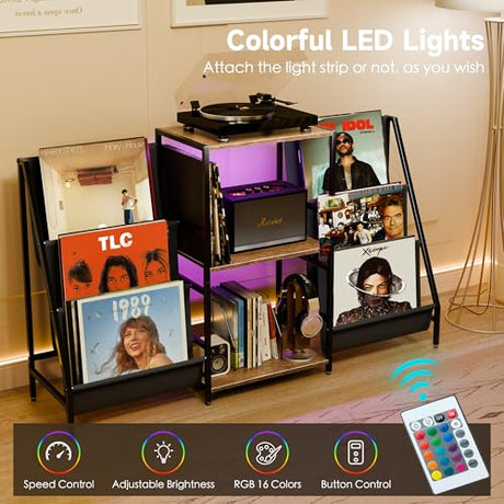 ZIFTY Record Player Stand Vinyl Storage with 6-Tier Display Holder LED Light Turntable Stand for 300 Albums Media Shelf Cabinet Stereo Cabinet Console for Vinyl Enthusiast Livingroom, Bedroom ZIFTY