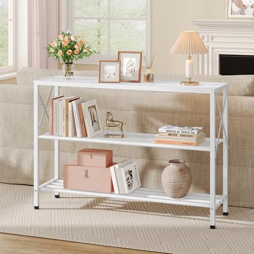 Hoctieon White Industrial Console Table, 3 Tier Entryway Tables, Hallway Desk, Narrow Sofa Tables with Shelves, Entrance Table for Entryway, Living Room, Foyer, Hallway, Office, White Hoctieon