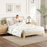 HOMCOM Full Size Bed Frame with Upholstered Headboard, Platform Bed Frame with Wooden Slats, No Box Spring Needed, Easy Assembly, Natural HOMCOM