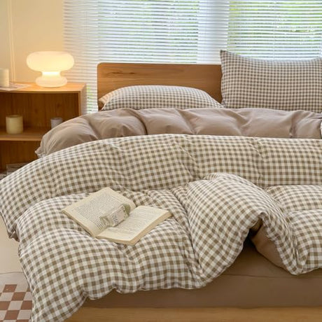 NSNLGSGC King Gingham Grid Duvet Cover Set Tan- Washed Microfiber Plaid Comforter Cover Set Brown Soft & Lightweight Breathable Clean Bedding Set(3PCS, King) NSNLGSGC