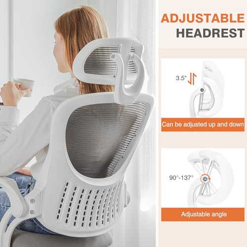Sweetcrispy Home Office Desk Chair, Ergonomic High-Back Mesh Rolling Work Computer Chairs with Wheels and Adjustable Headrests, Comfortable Lumbar Support, Comfy Flip-up Arms for Bedroom, Study, Grey Sweetcrispy