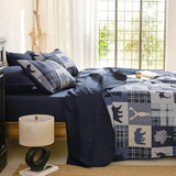 Wake In Cloud - Rustic Quilt Set, Cabin Lodge Christmas Bear Moose Deer Wildlife Western Patchwork Country, Reversible Lightweight Bedspread Coverlet, 3 Pieces, Blue Beige, King Size Wake In Cloud