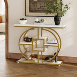GiftGo Narrow Console Table for Entryway Industrial 4-Tier Sofa Table Behind Couch with Circle Base Rustic Wooden Accent Tables with Storage Shelves for Living Room, Hallway, Foyer (Gold and White) GiftGo