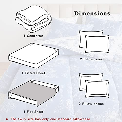 Flysheep Botanical Bed in a Bag Queen Size 7 Pieces, Reversible Blue and White Flower Printed Comforter Bedding Set (1 Comforter, 1 Flat Sheet, 1 Fitted Sheet, 2 Pillow Shams and 2 Pillowcases) Flysheep