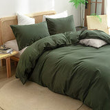 BESTOUCH Duvet Cover Set 100% Washed Cotton Linen Feel Super Soft Comfortable Chic Lightweight 3 PCs Home Bedding Set Olive Green Queen BESTOUCH