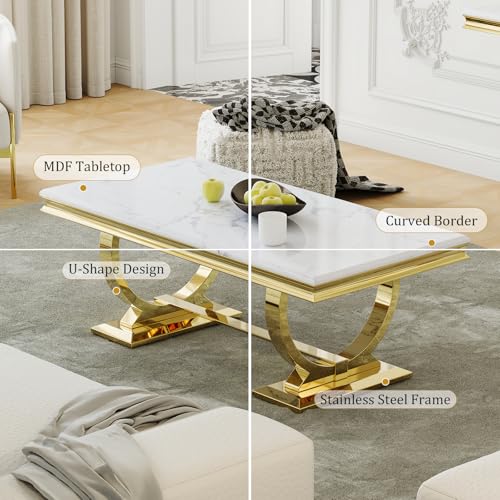 Asday Gold and White Coffee Table, Rectangle Gold Marble Coffee Table, Luxury Elegant Center Table for Living Room, Guest Hall, Reception Room Asday