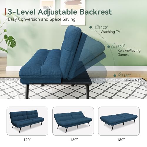 Opoiar Convertible Futon Sofa Bed,71" Memory Foam Futon Couch,Detachable Cushion,Adjustable Backrest & Armrest,Linen Modern Loveseat Sleeper Recliner for Living Room,Office,Apartment,Retro Blue Opoiar