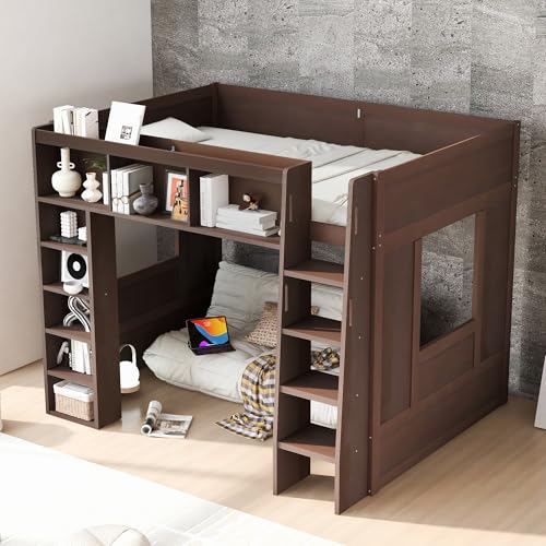 Merax Queen Size Loft Bed with Storage - Wooden High Sleeper Bed with 3 Cabinets & 5 Shelves, Heavy Duty Study Desk Space, Space Saving Bed for Kids Teens, Small Bedroom, Dorm Room, Brown Merax