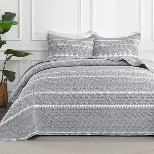 Andency Quilts Queen Size Grey, 3 Pieces Queen Quilt Bedding Set Boho Lightweight Soft Striped Bedspread for All Season (90"x96"), Gray Printed Bohemian Microfiber Reversible Coverlet Comoforter Sets