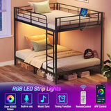 Rolanstar Metal Bunk Bed Full Over Full with USB Charging Station, LED Bunk Bed & Space-Saving, Bed with Safety Guardrail & Ladders, No Box Spring Needed, Easy Assembly, Black Rolanstar