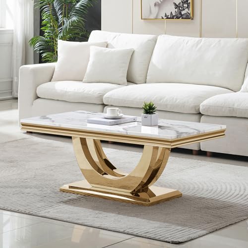 Henf 47" Marble Coffee Table Modern White Faux Marble Center Table with U-Shape Gold Mirrored Base Luxury Rectangular Accent Sofa Table Cocktail Table for Living Room Apartment Henf