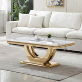 Henf 47" Marble Coffee Table Modern White Faux Marble Center Table with U-Shape Gold Mirrored Base Luxury Rectangular Accent Sofa Table Cocktail Table for Living Room Apartment Henf