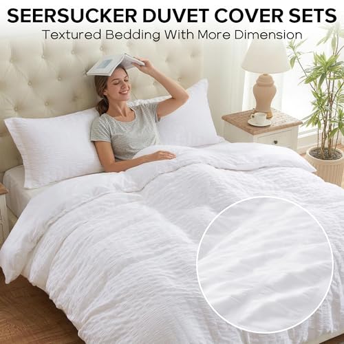 Cozyide White Duvet Cover Full Size, 3 Pieces Bedding Duvet Covers, Soft Breathable Seersucker Duvet Cover Set with Zipper Closure and Corner Ties (1 Duvet Cover 80"x90" + 2 Pillow Shams 20"x26") Cozyide