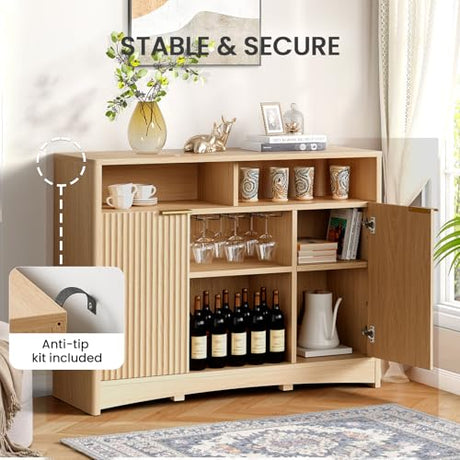 Amada Coffee Bar Cabinet with Wine Glass Rack, 47.2" Buffet Sideboard with Adjustable Shelves, Storage Cabinet for Kitchen,Entryway,Dining Room, Home Bar, Holds 200 lbs, Soft-Close Hinges,Natural Oak AMADA HOMEFURNISHING