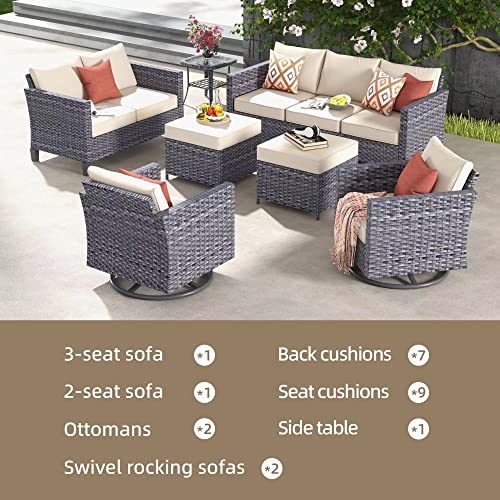 ovios Patio Furniture Set, 7 Piece Outdoor Wicker Sofa with Swivel Rocking Chairs, Loveseat and Comfy Cushions, High Back Rattan Couch Conversation Set, Beige ovios
