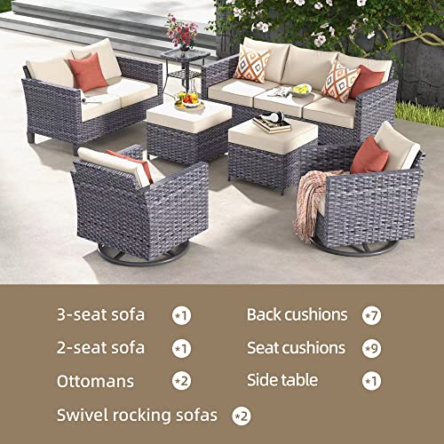 ovios Patio Furniture Set, 7 Piece Outdoor Wicker Sofa with Swivel Rocking Chairs, Loveseat and Comfy Cushions, High Back Rattan Couch Conversation Set, Beige - WoodArtSupply