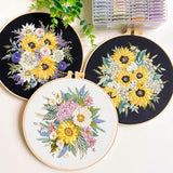 Silentsea Floral Embroidery Kit with Hoop, Sunflower Bouquet Pattern, 3 Designs, Beginner Cross Stitch Set