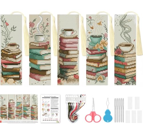 VIGEGU 5 Pack Cross Stitch Kits for Beginners,Coffee Stamped Cross Stitch Kits Bookmarks for Women,11ct Cross Stitch Embroidery Kit for Beginners Crafts for Adults