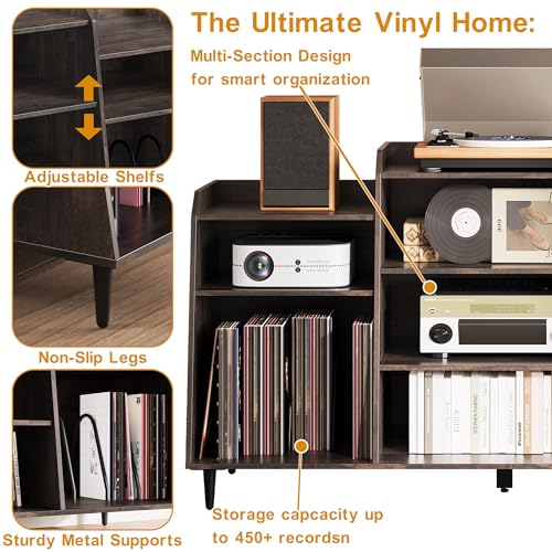 Rresyet 55" Record Player Stand with Charging Station, 4-Tier Vinyl Record Storage Cabinet with Divided Shelves, Adjustable Shelf，Large Capacity Storage for Music Room Living Room Rresyet