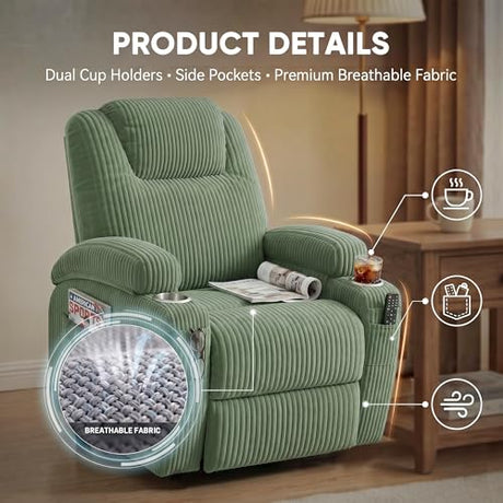 Flamaker Power Lift Chair Massage Recliner Chairs for Elderly, Corduroy Ergonomic Design with Cup Holders & Side Pockets, Remote Control (Green) Flamaker