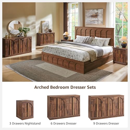 ACCOHOHO King Size Bed Frame Modern with 52" Tall Arched Recessed Headboard and 4 Drawers, Solid Wood Slats Support, Wood Platform, Noise Free, No Box Spring Needed, (Brown) ACCOHOHO