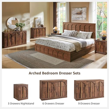 ACCOHOHO King Size Bed Frame Modern with 52" Tall Arched Recessed Headboard and 4 Drawers, Solid Wood Slats Support, Wood Platform, Noise Free, No Box Spring Needed, (Brown) ACCOHOHO
