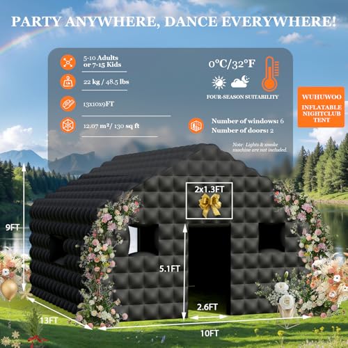 WUHUWOO Inflatable Nightclub 13x10x9 Ft, Black Inflatable Club Tent with 2 Doors and Logo Area, Inflatable Party Tent for Children Adults Birthday Backyard Wedding Rental (Black, 13x10x9 Ft) WUHUWOO
