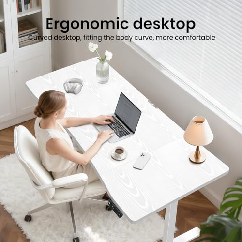 Veken 63 x 28 Inch Electric Standing Desk, Sit to Stand Up, Work Home Office Computer Table for Study, Walking Pad, Writing, and Games, Wooden Desktop Desks, White Veken