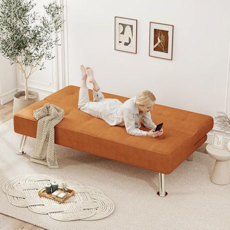 Furnimart Futon Sofa Bed, 66" Corduroy Convertible Futon Couch with 3-Position Adjustable Backrest, Solid Wood Frame Sleeper Sofa for Small Space, Living Room, Apartment, Office, Brown Furnimart