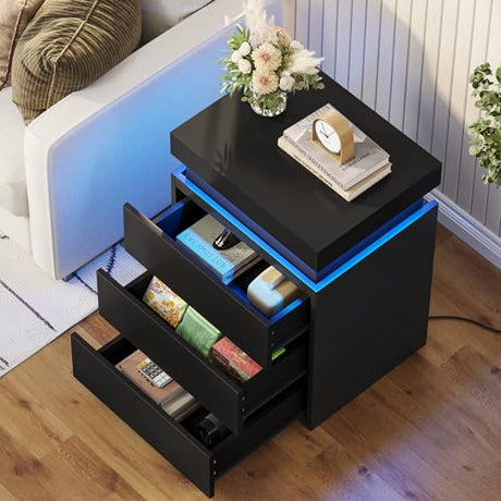 BTHFST LED Nightstands Set of 2,Night Stands for Bedroom Set of 2,Nightstand with Charging Station and Sliding Top,Bedside Table with Power Outlets & Drawers,Modern End Side Table (Black) BTHFST