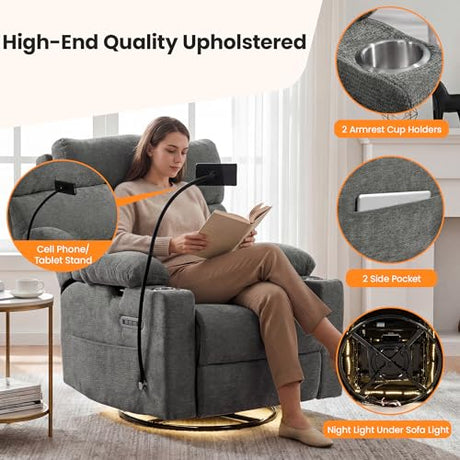 FiveWillowise Power Rocking Chair Nursery with Adjustable Armrests&Headrest, Glider Recliner Chair, Swivel Reading Chair with Electric Lumbar Support, Cup Holder, Nightlight and USB Ports, Grey FiveWillowise