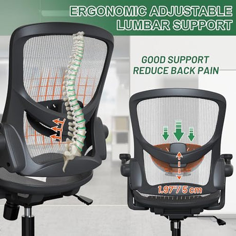 KIZECK Ergonomic Comfy Mesh Home Office Computer Desk Chair with Height Adjustable Lumbar Support with Flip up Arms for Adult KIZECK