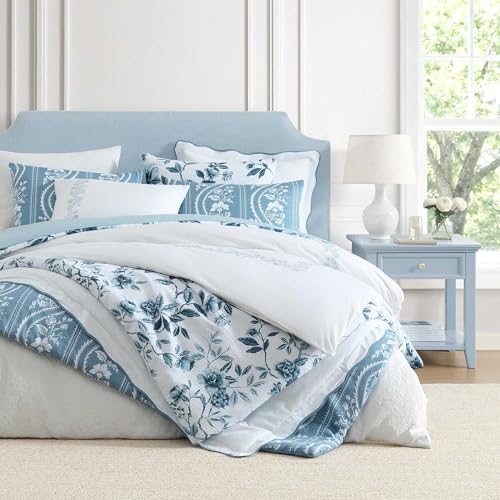 Martha Stewart - King Duvet Cover Set, 100% Soft Cotton Bed Set with a Smooth Cotton Percale Reverse, 3 Piece Floral Bedding with Matching Pillowcases (Garden Path Embroidery Blue) Martha Stewart