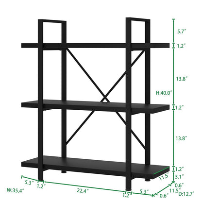 HSH Industrial-Style 3-Tier Black Oak Bookshelf with Metal Frame for Modern Storage - WoodArtSupply