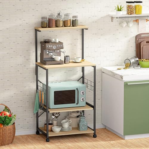 Bestier 4 Tier Shelves Portable Utility Kitchen Storage Baker's Rack Organizer Cart Stand with Adjustable Wheels and Side Hooks, 49 Inch, Oak