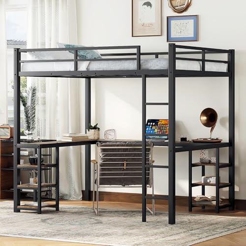 Sailret Full Metal Loft Bed with L-Shaped Desk and Shelves, Full Bed Frame with Ladder and Full-Length Guardrails, Space-Saving Bed for Bedroom, Black with Vintage Wood Desk Sailret