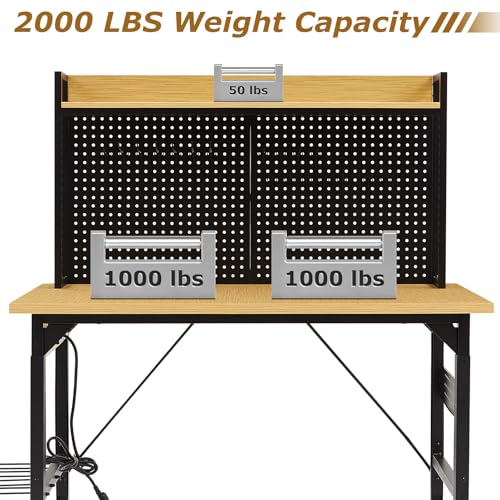 48" Adjustable Height Workbench with Pegboard, Work Benches for Garage, Heavy Duty Wood Top Work Bench with Wheels, 2000 LBS Load Capacity, Rolling Work Table with AC/USB Outlet Storage Shelf Hooks Zevemomo