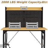48" Adjustable Height Workbench with Pegboard, Work Benches for Garage, Heavy Duty Wood Top Work Bench with Wheels, 2000 LBS Load Capacity, Rolling Work Table with AC/USB Outlet Storage Shelf Hooks Zevemomo