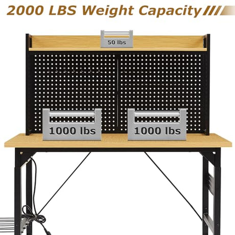 48" Adjustable Height Workbench with Pegboard, Work Benches for Garage, Heavy Duty Wood Top Work Bench with Wheels, 2000 LBS Load Capacity, Rolling Work Table with AC/USB Outlet Storage Shelf Hooks Zevemomo