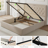 Feonase Full Size Bed Frame with Storage & Charging Station - Hydraulic Lift Up Platform Bed, Upholstered Button Tufted Headboard, Sturdy Wooden Slats, Noise-Free, No Box Spring Needed,Beige Feonase